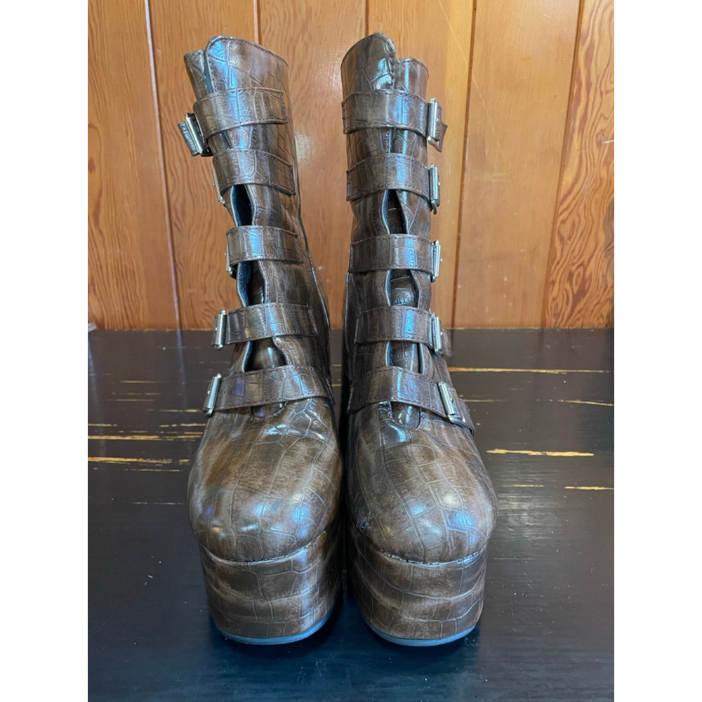 Women's Unbranded Brown Croc Embossed Platform Heeled Boots Size 42 buckles - Picture 4 of 7